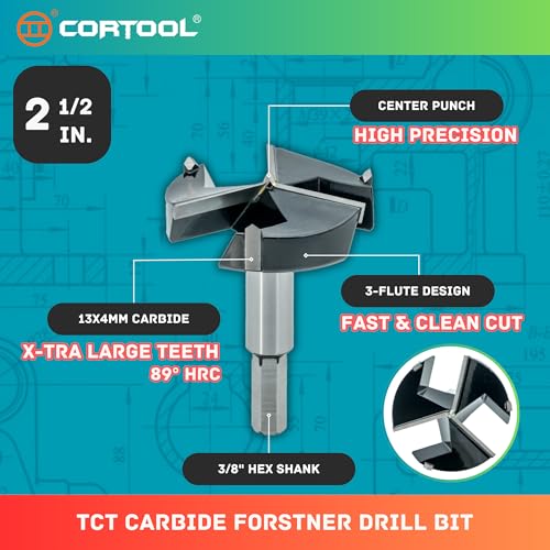 Forstner Drill Bit 2-1/2 Inch, Triple-Flute Carbide Tipped Forstner Bit for Hard Wood, Soft Wood, Veneered Plywood, Plastic, Drilling Hole Saw Woodworking Hinge Cutter Tool - style: 2-1/2 Inch