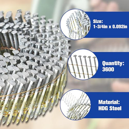 1-3/4Inch x 0.092Inch Collated Wire Coil Siding Nails, 15-Degree Full Round-Head, Ring Shank, Hot-Dipped Galvanized, 3600 Count - size: 1-3/4Inch x 0.092Inch