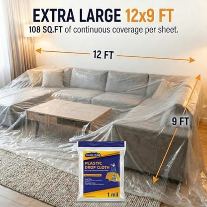 Drop Cloth Painters Plastic Sheeting - Plastic Drop Cloths for Painting, 9 x 12 Feet Paint Drop Cloth Tarp, Clear Plastic Tarp Cover, 1 Mil Thick Plastic Sheeting, Multi-Purpose Use (12 Pack) - color: 12 Pack, size: 1 Mil