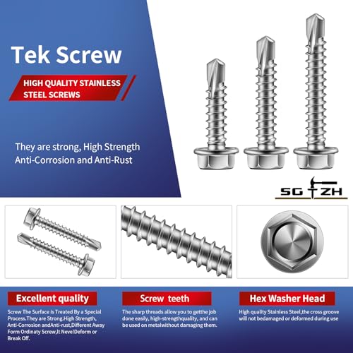 #8 x 1/2" Self Drilling Screws (265Pcs) Hex Washer Head 410 Stainless Steel Self Tapping Screws for Metal Sheet Metal Screws with Hex Socket Included - color: Silver, size: #8 x 1/2"