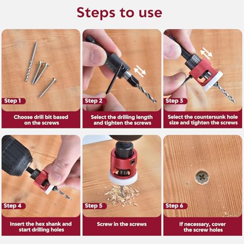 7 Pcs Countersink Drill Bit Set - 5‑Pcs Replaceable 2-Flute TCT Tapered Drill Bits with Low‑Friction Adjustable Depth Stop, 1/4” Hex Shank for Woodworking Tools & Hand Tools