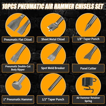 10pcs Air Hammer Chisel Set, 0.401" Pneumatic Hammer Bits with Spring