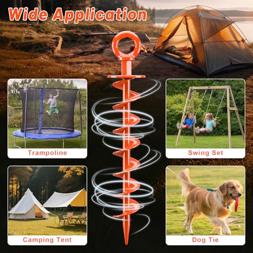 FEED GARDEN Ground Anchors Screw in Heavy Duty, 4 Pack 15 Inch Spiral Earth Anchors for Trampoline Anchors High Wind, Swing Set Anchors, Tent Stakes, Dog Tie Out & Canopy Stability, Orange