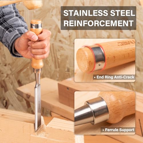 HAUTMEC Long Wood Chisel Set for Woodworking, 4-Piece Professional Wood Chisels with 60CR-V Steel Blades and Beech Handles for Carpenters, Framing & Mortise (1/4", 1/2", 3/4", 1")
