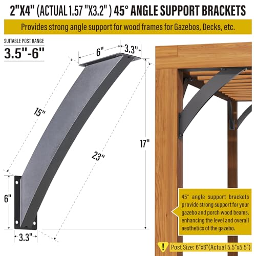 Heavy Duty 45 Degree Angle Support Bracket 2"×4" (Actual: 1.5"×3.2") Wood Beam Support Hardware Degree Post Bracket for Gazebos Pagola Porches 12Pcs - size: 2"×4"