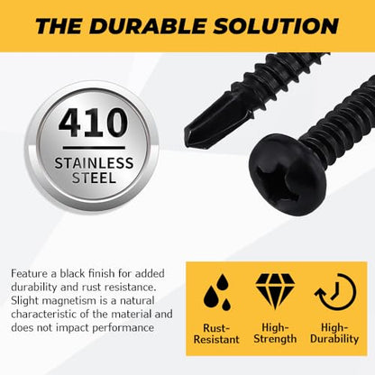 150pk #8 x 1 Black Pan Self-Drilling Sheet Metal Screws, 410 SS + Bit - size: #8 x 1"