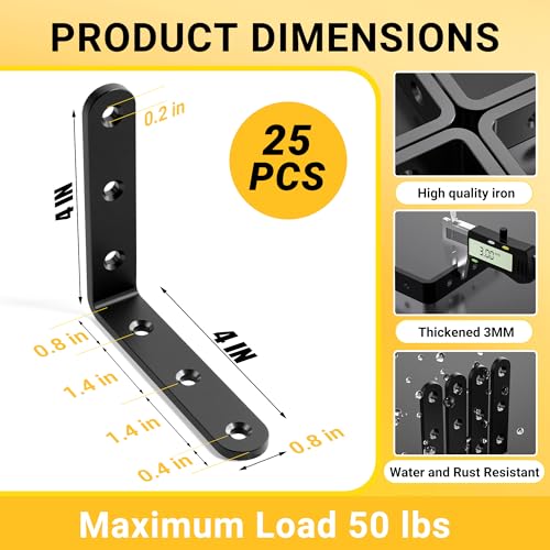 25Pcs Black Angle Brackets 4”x 4” Heavy Duty Corner Bracket 3MM for Wood - size: Black-4x4 Inch