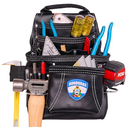 FESA Leather Carpenter Tool Pouch - 10-Pocket Heavy Top Grain Leather Carpenter Pouch with 2 Hammer Loops, Large & Small Pockets - Fits Work Belts up to 3" - Handcrafted - Country-Themed - color: Black - Honduras