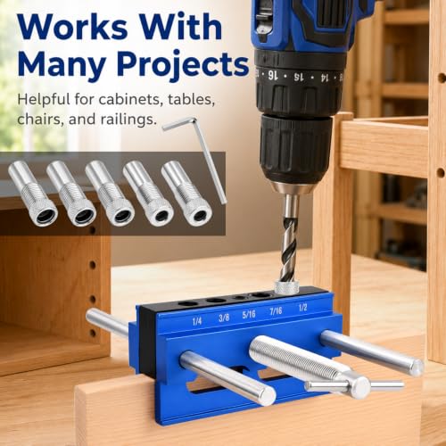 Self Centering Dowel Jig, Woodworking Drill Guide Locator with 6 Drill Sleeves, Hex Wrench, Manual for Precise Dowel Joints