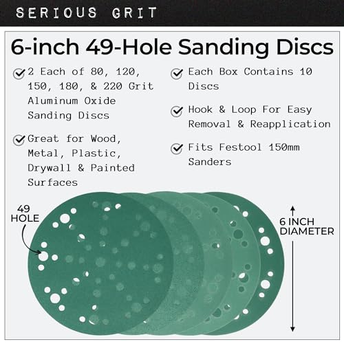 Serious Grit - 6-Inch 49-Hole Sanding Discs - P80-220 Assortment - 10 Pack - size: 6-Inch 49-Hole
