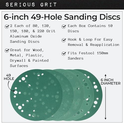 Serious Grit - 6-Inch 49-Hole Sanding Discs - P80-220 Assortment - 10 Pack - size: 6-Inch 49-Hole