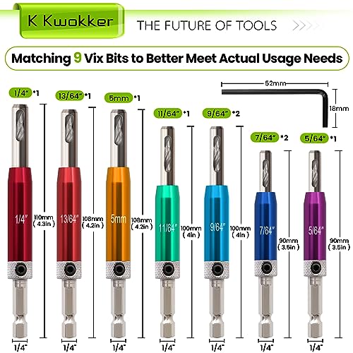 Self Centering Hinge Drill Bit Set (VIX Bit), 1/4" Hex Shank, 9Pc - color: A. Colorful