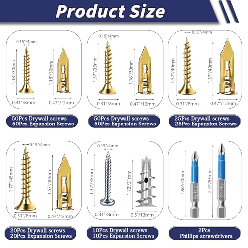 310PCS Self Drilling Drywall Anchors with Screws Kit, Wall Anchors for Drywall, 5-Sizes Metal Expansion Bolt for Dry Wall,155 PCS Sheetrock Anchors and 155 PCS Screws-No Drill Needed