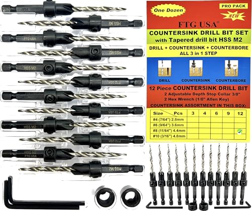 FTG USA 12 Pc #8 (11/64") Countersink Drill Bit Set with Tapered Drill Bits - size: #8, style: Same Sort 12 Pc