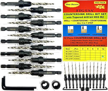 FTG USA 12 Pc #8 (11/64") Countersink Drill Bit Set with Tapered Drill Bits - size: #8, style: Same Sort 12 Pc
