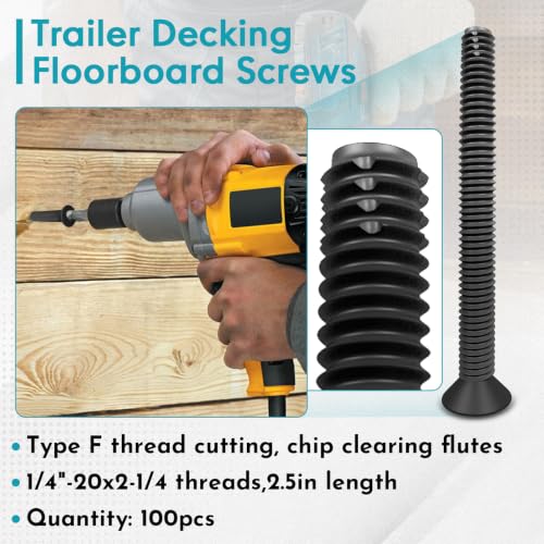 (100pcs) 1/4"-20 x 2-1/4" Flat Head Thread Forming & Cutting Screws Trailer Deck Screws, Steel Floorboard Thread Cutting Screws for Wood & Metal, Black Phosphate,T-30 Drive and 7/32 Drill bit - size: #1/4-20*2-1/4"