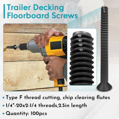 (100pcs) 1/4"-20 x 2-1/4" Flat Head Thread Forming & Cutting Screws Trailer Deck Screws, Steel Floorboard Thread Cutting Screws for Wood & Metal, Black Phosphate,T-30 Drive and 7/32 Drill bit - size: #1/4-20*2-1/4"