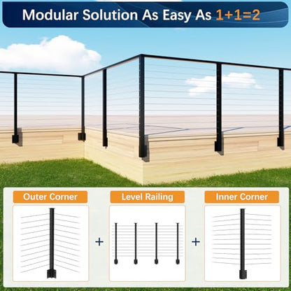 Side Mount Inner Corner Post 36" (Post Body 44"), Fixed Top Three Side Drilled Corner Post Cable Railing, Black Stainless Steel T304 Fascia Mount Metal Post with Inner Terminal & Cable Grommet - style: 1x Inner Corner