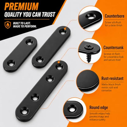 100PCS Stainless Steel Mending Plate,Heavy Duty Straight Metal Mending Plates, 4 Sizes (1.4”-2.7”) Flat Brackets for Wood Repair, Furniture, Joining, DIY Projects - size: 100PCS 4 Sizes plate Brackets-Black