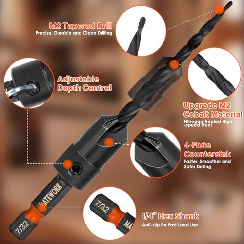 Matework 15PCS Countersink Drill Bit Set, M2 Cobalt HSS Drill Bits for Wood