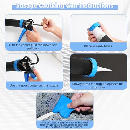 PRO Sausage Caulk Gun Kit Heavy Duty Silicone Sausage Gun Thrust Ratio 25:1 No-drip Rotating 600ml/20 oz Aluminum Tube Barrel and Caulking Tools,Sealant Grout Scraper For Kitchen Bathroom Sink Joint