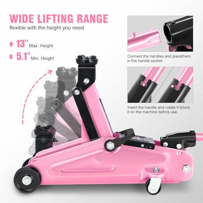 DNA Motoring Low Profile Hydraulic Trolley Service/Floor Jack, 2 Ton (4000 lbs) Capacity, Lifting Range 5.1"-13", Pink, TOOLS-00474-PK - color: Pink, style: 2 ton