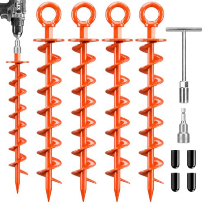 FEED GARDEN Ground Anchors Screw in Heavy Duty, 4 Pack 15 Inch Spiral Earth Anchors for Trampoline Anchors High Wind, Swing Set Anchors, Tent Stakes, Dog Tie Out & Canopy Stability, Orange
