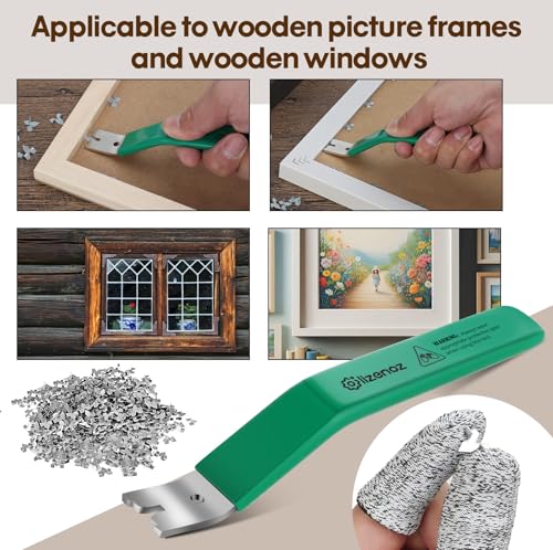 Glazier Point Driver Tool with 200 Glazing Points & 2 Finger Cots - for Framing Glass, Pictures, Cross Stitch - Rust-Resistant Iron/Zinc Push Points, Easy-Grip Handle - color: Green