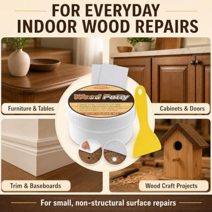 DEWEL White Wood Filler Putty, 7 oz Repair Kit with Scraper & Sandpaper