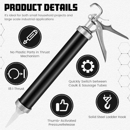 Lasnten 2 Pack Sausage Caulking Gun with 4 Cone Nozzles, Black - color: Black