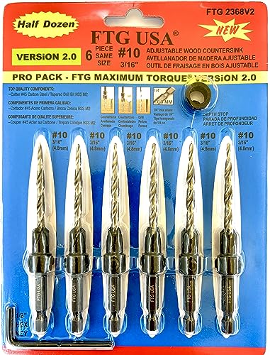 FTG USA 6 Pc #10 (3/16") Countersink Drill Bit Set with Tapered Drill Bits - size: #10, style: Same Sort 6 Pc