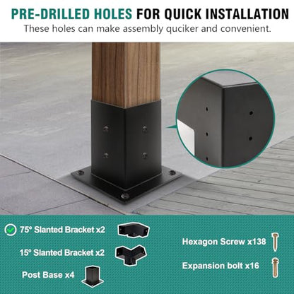HAYOHRT 15° Pergola Brackets 75° Corner Bracket with Post Base Gazebo Kit for 4x4'' (Actual 3.5x3.5 in) Wooden Beams Lumber Gazebos Patio Pergola Sheds - size: 2P 15° Bracket + 2P 75° Bracket + 4P Base