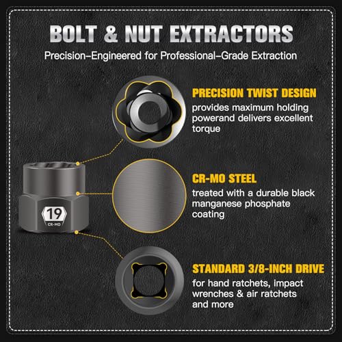 27-Piece Bolt Extractor kit, Easy Out Screw Extractor Set with Left Hand Cobalt Drill Bits, Hex Adapter, 1/2" F to 3/8" M Reducer for Broken, Damaged, Rusted, Rounded-Off Bolts, Nuts