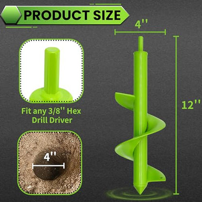 Auger Drill Bit for Planting - 4"X12" Heavy-Duty Garden Auger Spiral Drill Bit - Bulb Planter Tool & Auger Post Hole Digger - 3/8" Hex Drive Drill - size: 4"x12"(Green)