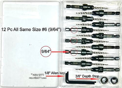 FTG USA 12 Pc #6 (9/64") Countersink Drill Bit Set with Tapered Drill Bits - size: #6, style: Same Sort 12 Pc