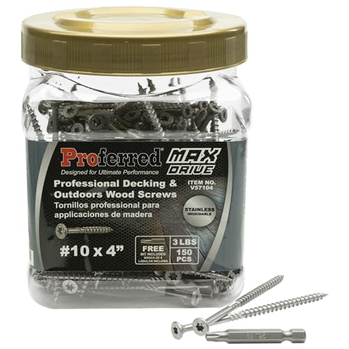 MAX Drive Professional Decking & Outdoor Wood Screws, Stainless Steel, #10 X 4, 6 Lobe 25 Drive (3 LBS, 150 pcs with 1 Bit in Jar), V57104 - size: #10 X 4", style: Stainless Steel