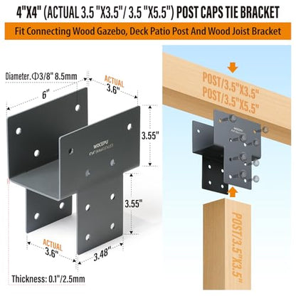 4 Pack Heavy Duty 4x4 (Actual 3.5"x3.5") Stainless Steel Post Caps Tie Bracket, Fit Connecting Wood Gazebo, Deck Patio Post and Wood Beams Bracket (Dark Ggray) - size: Standard 4"x4"(Actual 3.5"x3.5")
