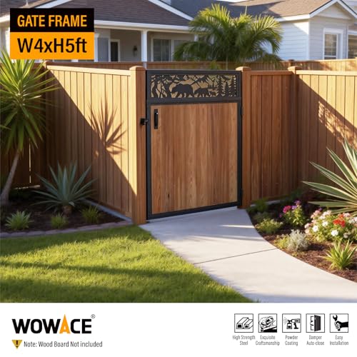 4x5FT Fence Gate Frame Kit 201 Stainless Steel Heavy Duty Garden Gates Anti-Sag Backyard Front Gate Reinforcement Hardware, Left/Right Mount (No Wood Planks Included) - color: W4xH5ft-Bear