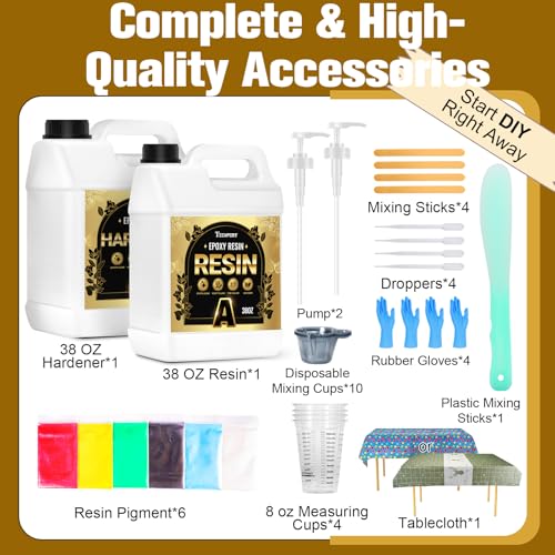 Teexpert Epoxy Resin Kit: 76OZ Casting Resin Crystal Clear Yellow Resistant Self Leveling for Art Craft DIY Jewelry Making with Pigment and Tools for Beginner Starter - size: 76 oz