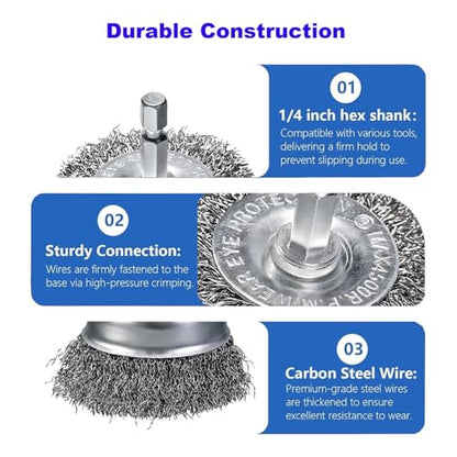 VASTOOLS 15pcs Wire Brushes Set, Carbon Steel Cup/Wheel/Pen Brushes for 1/4" Hex Shank Drill Attachments,Stainless Steel Hand Brushes,for Rust Removal,Paint Stripping and Cleaning