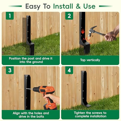 2 Pack Fence Post Repair Kits with Strong One-Piece Steel Anchor & Stakes - color: Black-2pack
