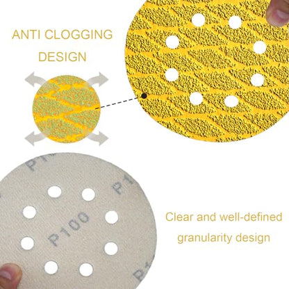 110Pcs 5 Inch Hook and Loop Sanding Discs | 8-Hole Dust-Free, 600 Grits Yellow Diamond | 135G Latex Backing | for Wood/Metal/Auto
