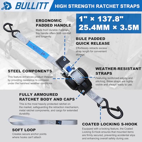 2‑PCS Retractable Ratchet Straps 1"x11.5ft, 1540‑lbs(MAX) Safety‑Lock Hooks