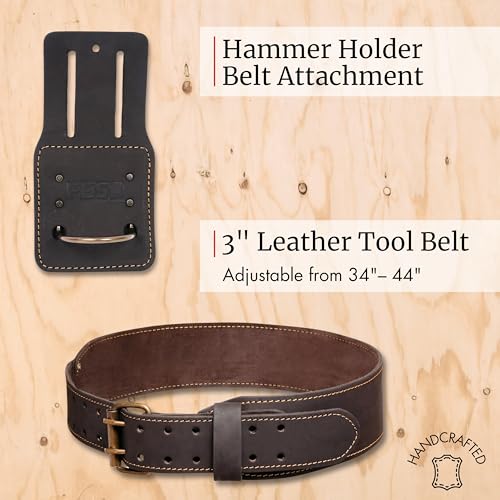 FESA 3 Inch Leather Tool Belt for Men with Hammer Holder Adjustable 34"-44" - color: Brown