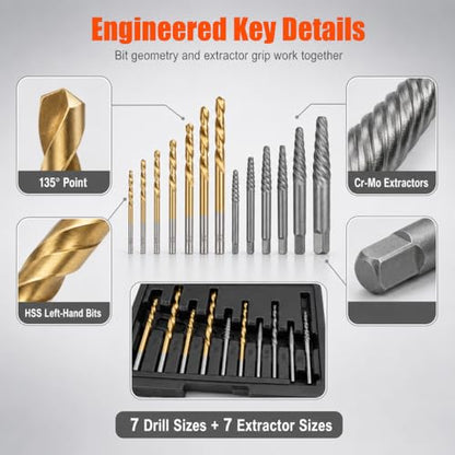 QWORK 14-Piece Damaged Screw Extractor Set with Left-Hand HSS Drill Bits - Removing Broken Bolts Kit for Men - Gift-Ready with Storage Box