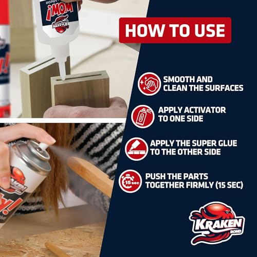 Kraken Bond Wow! CA Glue (3 x 4.4oz.) with Activator (2 x 16.9fl.oz.)- Super Crazy Wood, Cyanoacrylate Glue for Woodworking | 3 Pack - size: 3 Pack