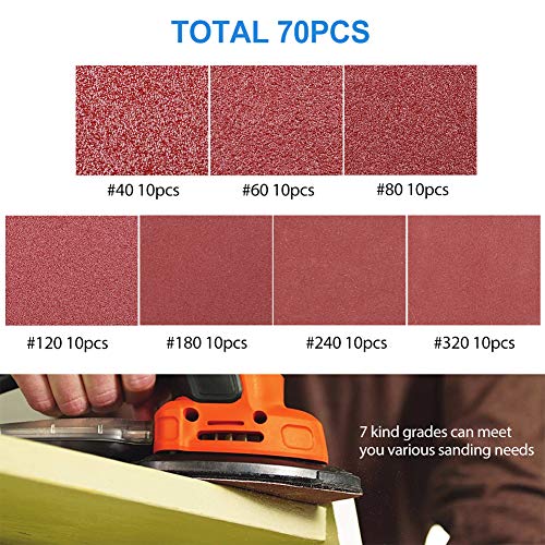 LotFancy Mouse Sander Sandpaper, 70PCS, 6 Hole Triangle Sanding Pads for Ryobi Detail Palm Sander, 40 60 80 120 180 240 320 Assorted Grit, 140mm, Hook and Loop Backing