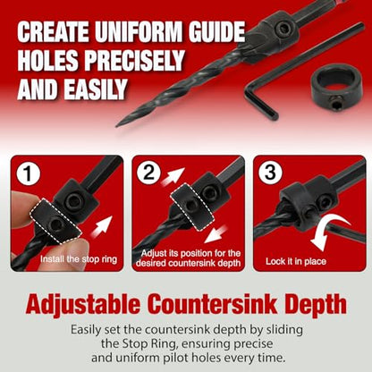 ANGELSWORD Countersink Drill Bit Set, 8PCS Tapered Drill Bits Counter Sink Drill Bit, #4, #6, #8, #10, #12, Depth Stop Ring
