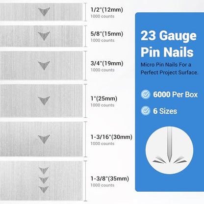 meite 23 Gauge Pin Nails, Assorted 6 Sizes (1/2", 5/8", 3/4", 1", 1-3/16", 1-3/8") Micro Headless Piner Nails - Galvanized 23GA Pins Nails for Nail Gun, Ideal for Trim Work (6,000 Counts)