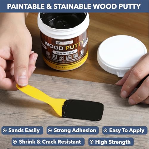 Bates- Wood Filler Putty Repair Kit, 9.87 Ounce, 2 Scrapers, 2 Sandpapers, Black Wood Putty Filler Paintable & Stainable for Cracks, Holes and Defects in Wooden Furniture - color: Black